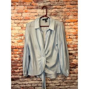 NEW Ellen Tracy front tie semi sheer blouse top long sleeve cloud blue women's M